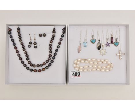 AN ASSORTMENT OF JEWELLERY, to include three fresh water cultured pearl necklaces, a pair of drop earrings and a pair of stud