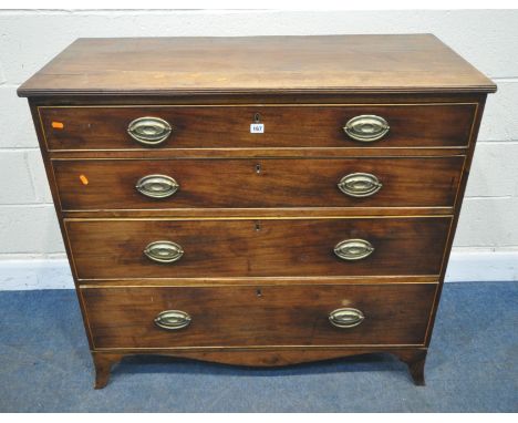 A GEORGIAN MAHOGANY CHEST OF FOUR GRADUATED DRAWERS, raised on bracket feet, width 110cm x depth 51cm x height 100cm, conditi