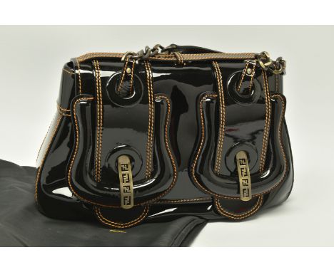 FENDI 'B' BAG, black patent leather with orange stitching, gun metal tone hardware, Fendi buckles, Fendi hologram label insid