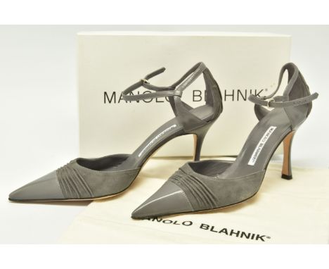 MANOLO BLAHNIK: SAXURNA, grey ruched sued fronts and back, with grey leather toe and ankle straps, Continental size 39.5, sil