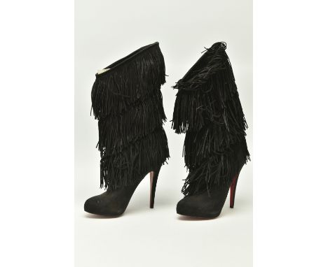 CHRISTIAN LOUBOUTIN LADIES HIGHNESS TINA FRINGE BOOTS, black suede, three tier fringes, iconic red leather soles, 6inch heels