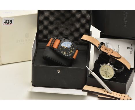 A 'STEINHART' WRISTWATCH, automatic movement, round black dial, signed 'Steinhart', Arabic and baton markers, square form bla