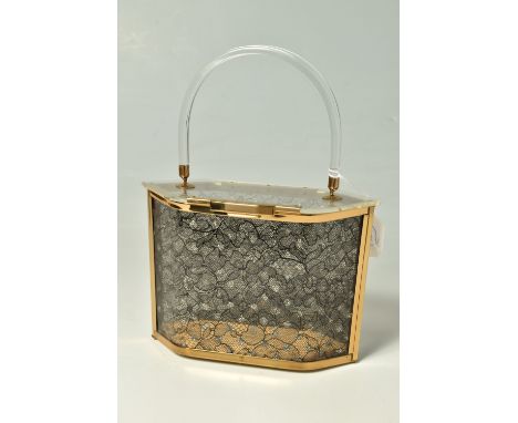 A VINTAGE 'MAJESTIC'  C1950's LUCITE CASKET BAG, clear Lucite handle and body with glitter and black lace lining, gold tone h