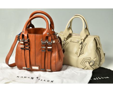 KAREN MILLEN: TWO LEATHER HANDBAGS: a tan leather handbag with removable shoulder strap, silver tone hardware embossed Karen 