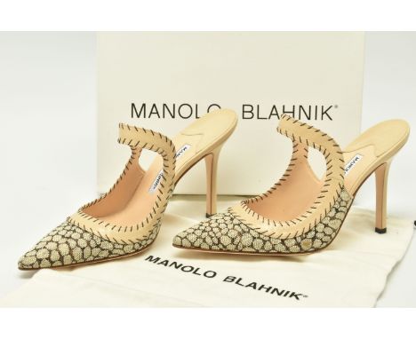 MANOLO BLAHNIK: PEDI NOLO105KELAA, beige and brown fabric slip on heels with beige leather trim and brown stitching, Continen