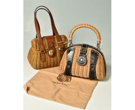 MONSAC, TWO WOVEN WICKER HANDBAGS, comprising two woven wicker basket handbags with original dust bags, one has tan leather f
