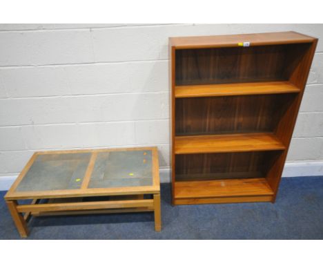 A MID CENTURY TEAK OPEN BOOKCASE, width 80cm x depth 30cm x height 122cm, along with an oak tile top coffee table, condition 