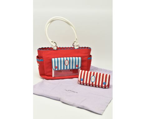 LULU GUINNESS HANDBAG AND MATCHING GLASSES CASE, a red canvas bag from the 'Circus Nelly Collection', with a mirror shaped zi