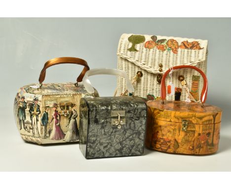 A COLLECTION OF FOUR VINTAGE HANDBAGS, comprising a white wicker handbag by 'Midas of Miami' a green satin lined bag in the f