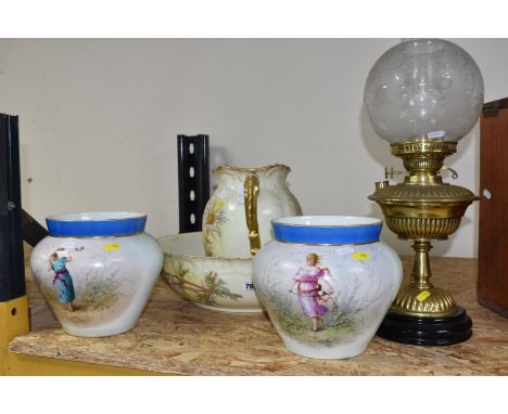 LARGE CERAMIC ITEMS AND AN OIL LAMP, to include a vintage hand painted 'A Lanternier Limoges' Pitcher and wash basin, decorat