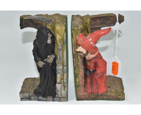 A PAIR OF CLARECRAFT DISCWORLD BOOKENDS, comprising Rincewind Bookend DW11 and Death Bookend DW12, with tent cards, height 14