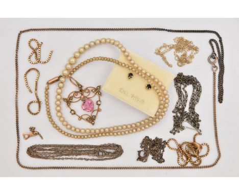 A SMALL BAG OF ASSORTED ITEMS, to include a yellow metal open work lavalier pendant, set with a pink heart cut central stone 