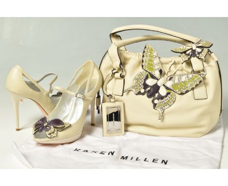 KAREN MILLEN: BUTTERFLY CREAM HANDBAG AND MATCHING SHOES, comprising a pair of cream coloured peep toe heels with silver tone