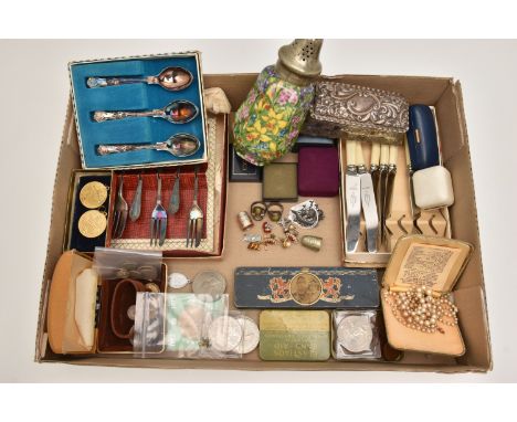 A BOX OF ASSORTED ITEMS, to include a silver lidded glass box, hallmarked Birmingham, approximate gross weight 30.5 grams, a 