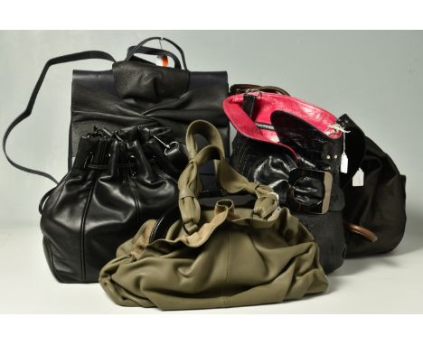 A GROUP OF FIVE LEATHER HANDBAGS, comprising a navy blue and black bow front back pack 'Kiin' for John Lewis, height 36cm x w
