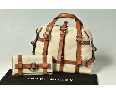 KAREN MILLEN: a cream and tan leather handbag, height 24cm x width 27cm, together with matching purse, tan leather strapping,