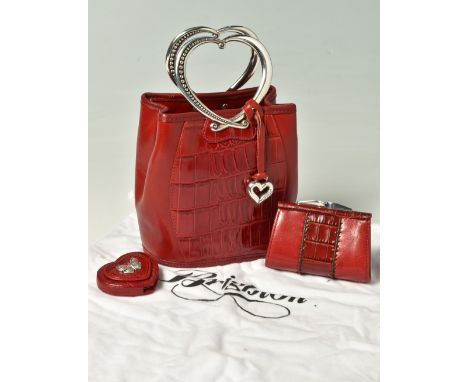 BRIGHTON: a small red leather grab bag with silver tone heart shaped handles and charm, faux crox design panels, with Brighto