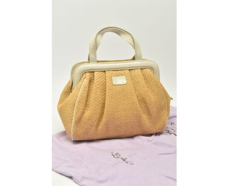 LULU GUINNESS WOVEN JUTE HANDBAG, beige/nude patent leather handles, frame, name plaque and piping, mirror zip clasp on both 