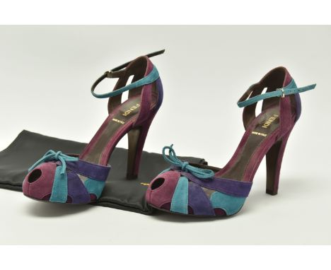 FENDI SUEDE ANKLE STRAP SHOES, peep toe, purple, turquoise and mauve, gold tone Fendi buckle, bronze coloured sole, Continent