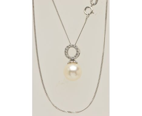 AN 18CT GOLD PEARL NECKLACE, a single pearl fitted with an open white gold and diamond set bail, hallmarked 18ct London, susp