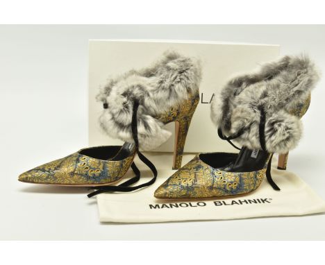 MANOLO BLAHNIK: ROSAUROF BLUE HEELS, Continental size 39.5, black velvet lace fastening, gold and steel blue brocade with ste