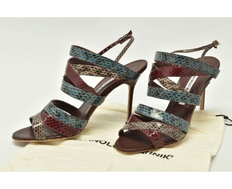 MANOLO BLAHNIK: blue, grey and burgundy faux snakeskin sandals, with silver tone buckle fastening, burgundy leather interior,