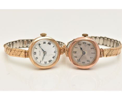 TWO LADIES 9CT GOLD WRISTWATCHES, both manual wind, the first with a round white dial signed 'Limit III', Roman numerals, blu