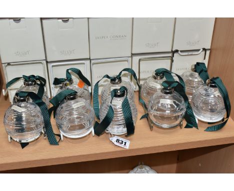 TEN BOXED JASPER CONRAN FOR STUART CRYSTAL CHRISTMAS BAUBLES, comprising six 'Bar' pattern baubles, decorated with groups of 