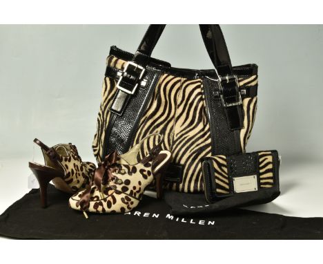 KAREN MILLEN: ANIMAL PRINT PURSE, BAG AND SHOES, comprising a pair of sling back shoes with brown ribbon laces, leopard print