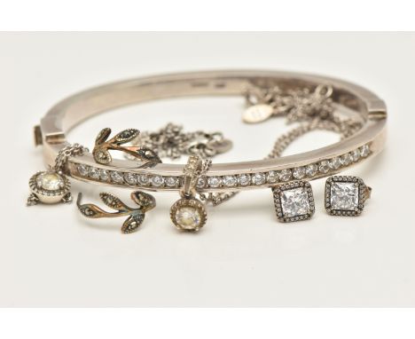 FIVE ITEMS OF JEWELLERY, to include two white metal 'Pandora' chain necklaces both with cubic zirconia set pendants, one pend