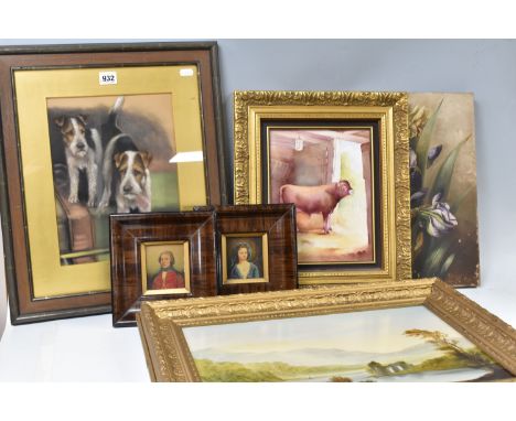 A SMALL SELECTION OF PICTURES, comprising two unsigned portrait miniatures depicting a soldier in a 18th / 19th century unifo