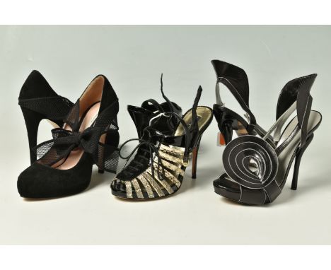 THREE PAIRS OF LADIES HEELS, comprising a black suede pair of court shoes with black netted ankle bow by Giani Marra, Contine