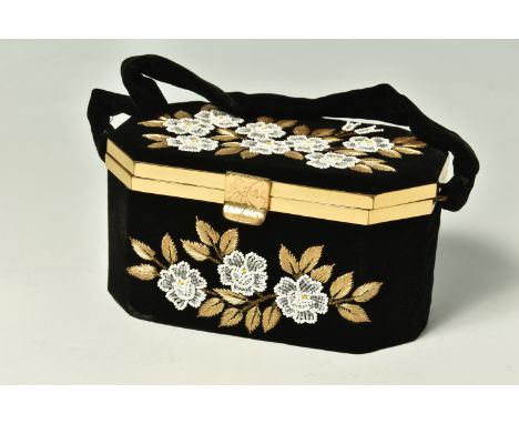 A VINTAGE 1940's TORII TOKYO BLACK VELVET EVENING BAG, with gold embroidered and bead work floral lid, back and front, gold t