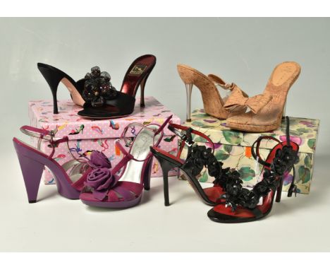 FOUR PAIRS OF HEELED SANDALS, comprising a pair of cork heeled mules with silver tone heels and clear plastic body, cork bow 