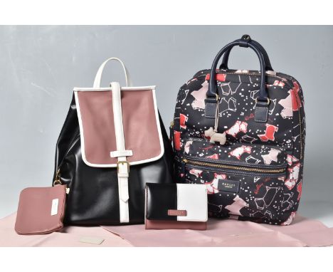 RADLEY: JONATHAN SUNDERS DESIGN BACKPACK, black and pink leather with white leather trim, red interior lining,  approximate s