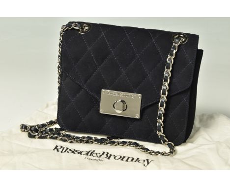 RUSSELL &amp; BROMLEY, NAVY BLUE SUEDE QUILT PURSE BOXY CHAIN SHOULDER BAG, Russell &amp; Bromley embossed silver tone turn l
