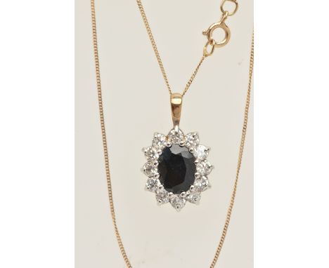 A 9CT GOLD SAPPHIRE AND CUBIC ZIRCONIA CLUSTER PENDANT WITH CHAIN, the pendant of an oval form, set with a central oval cut d