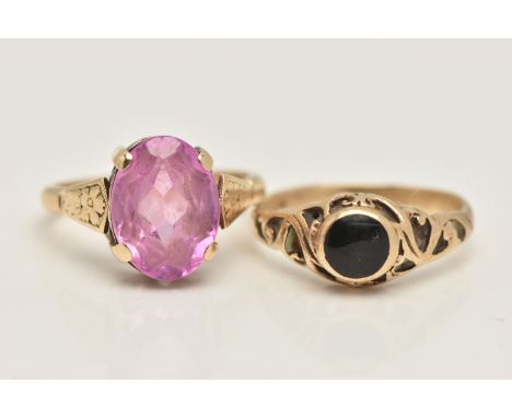 TWO GEM SET RINGS, the first a 9ct gold onyx ring, with open work shoulders and polished band, hallmarked 9ct Sheffield (poss