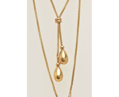 A 9CT GOLD SNAKE CHAIN NECKLACE, with tassel and polished bead droppers, fitted with a lobster clasp, hallmarked 9ct Sheffiel