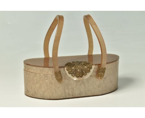 A 1950'S WILARDY LUCITE BOX BAG, a pealised Lucite bag with gold tone filigree clasp and handle base, two handled, mirrored i
