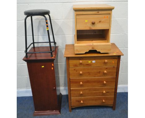 A MODERN PINE CHEST OF FIVE DRAWERS, width 72cm x depth 40cm x height 94cm, a bedside with a single drawer, a cd rack, and a 