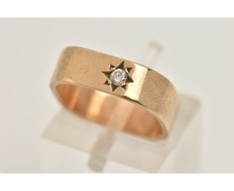 A 9CT GOLD DIAMOND SET SQUARE RING, polished wide square band, approximate band width 5.2mm, star set with a single round bri