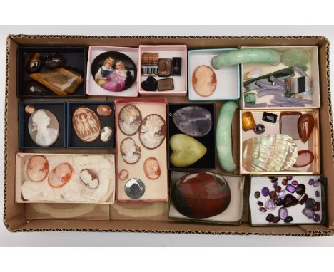 A BOX OF ASSORTED GEMSTONES, to include an assortment of Jade, banded agate, bloodstone, faceted gemstones, amethyst, tigers 