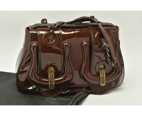 FENDI 'B' BAG, brown patent leather with black stitching, gun metal tone hardware, Fendi buckles, Fendi hologram label inside