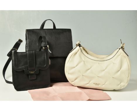 RADLEY : THREE BAGS, comprising a black leather back pack with silver tone hardware and Scottie charm, height 30cm x width 27