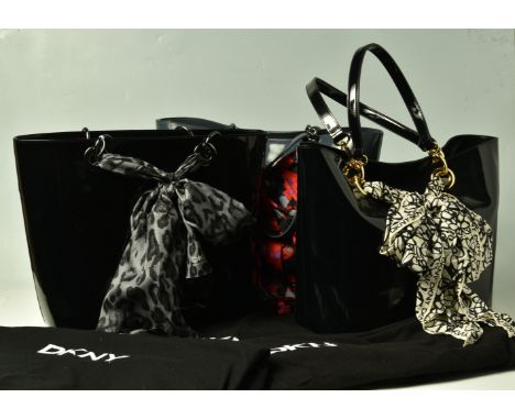 THREE DKNY 'PATENT SCARF' BUCKET BAGS, in patent grey leather with black, cerise and red scarf, gun metal tone hardware, a bl