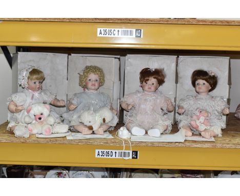 FOUR DANBRY MINT PORCELAIN DOLLS 'ADORABLE BABIES COLLECTION', by Susan Wakeen, comprising Jessica no. 0471, holding a pink a