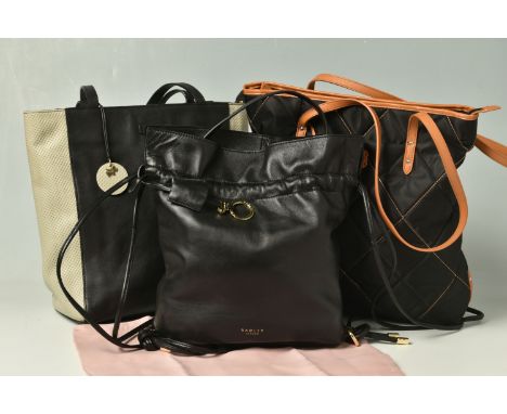 RADLEY: THREE BAGS, comprising a black leather multi way back pack, with draw string and pink dust bag, a large nylon quilted