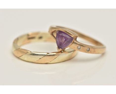 TWO 9CT GOLD RINGS, the first set with a triangular cut amethyst with single cut diamond accents to the polished band, hallma