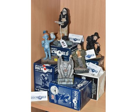 A GROUP OF FIVE BOXED CLARECRAFT DISCWORLD SCULPTURES comprising 'Death in The Kitchen' DW57, 'Teppic The Assassin' DW32, a 1